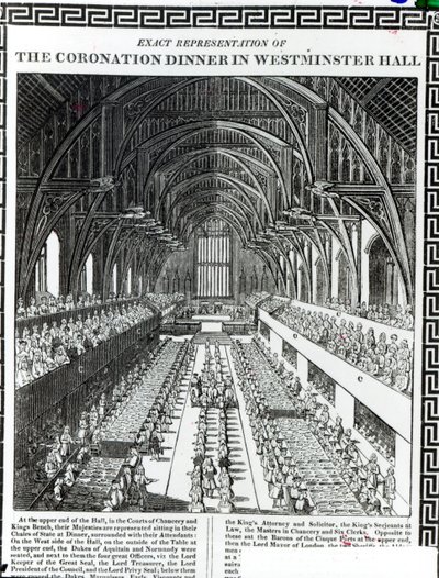 Krönungsbankett in der Westminster Hall, aus einem Buch zur Krönung von König Wilhelm III. (1650-1702) und Königin Maria II. (1662-94) von Francis Sandford (1630-94) von English School